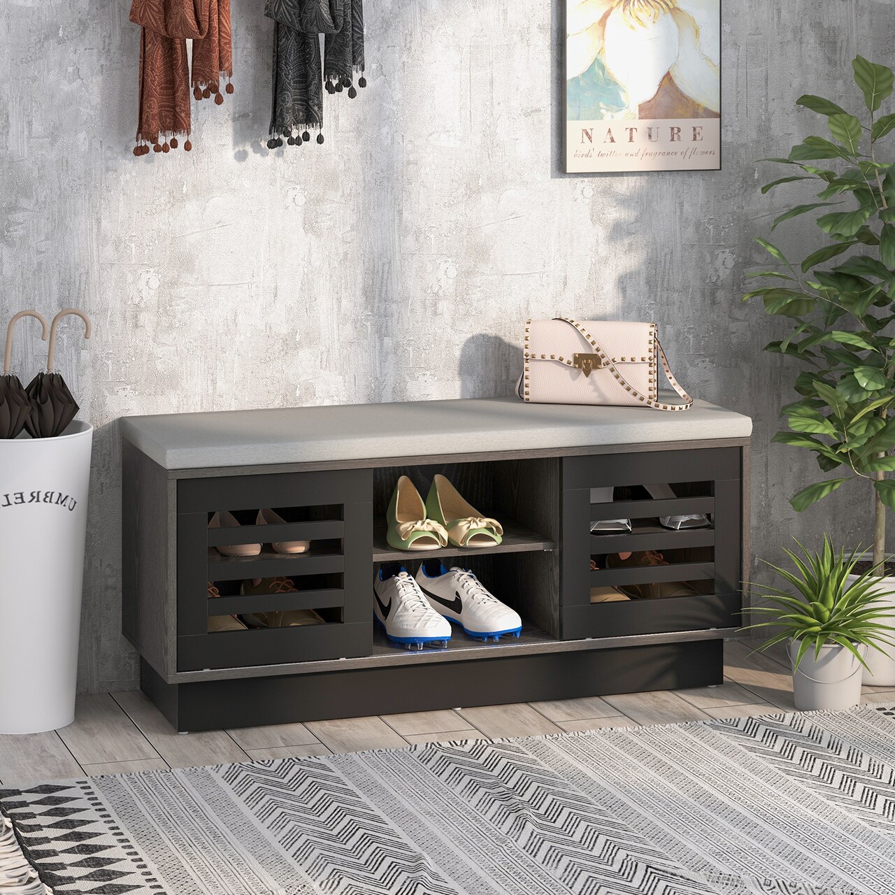 Shoe Bench with 6 Storage Compartments and 3 Adjustable Shelves